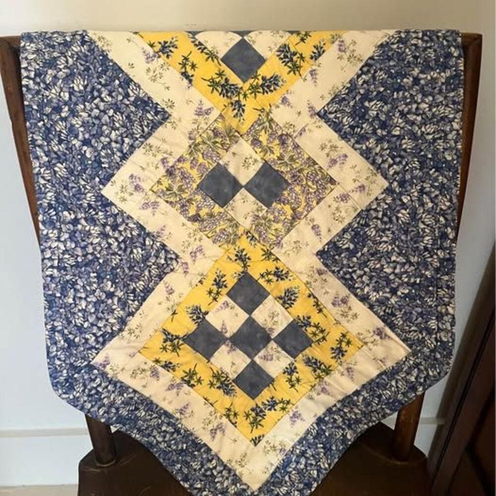 Vintage Blue & Yellow Patchwork Quilted Table Runner – 47”